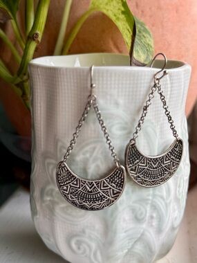 Boho/Tribal Crescent Dangle Earrings in Antiqued Silver Metal
